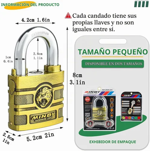 Vista 3 de Candado con llave resistente al agua de 1.969 in con 4 llaves reiniciables para uso en exteriores, acabado de latón