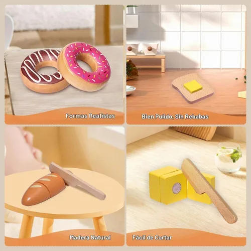 Vista 3 de Juego de madera para panadería, juguetes de comida, juego de cocina para niños, accesorios de cocina con bolsa de almacenamiento, juego