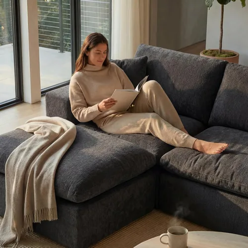 Vista 3 de Sofá nube modular en forma de L de 110 pulgadas con otomana móvil, cómodo sofá de 4 asientos de chenilla sin hueso con asiento profundo para sala