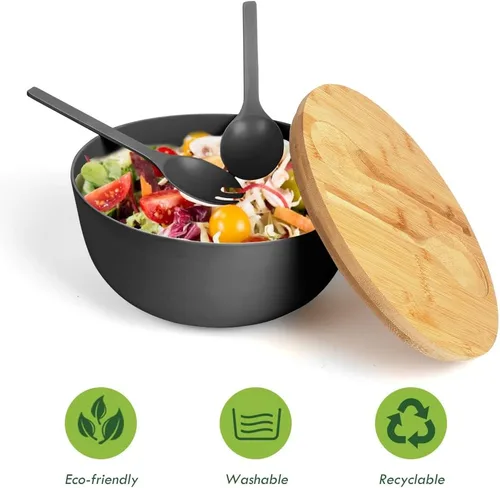 Vista 3 de ShineMe Juego de Ensaladera Negra, Ensaladera Grande de Fibra de Bambú de 9.8 pulgadas con Tapa y Utensilios (Cuchara y Tenedor), Tazón Sólido