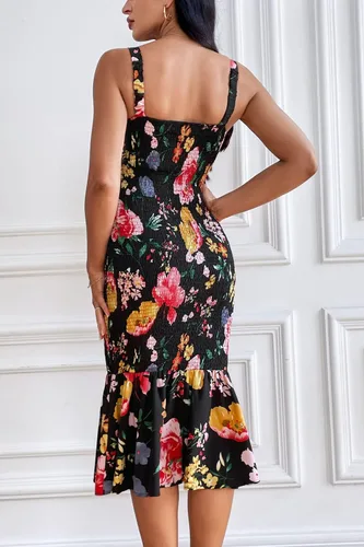 Vista 3 de PRETTYGARDEN - Vestido veraniego floral para mujer, por debajo de la rodilla, ajustado, sin mangas, con tirantes delgados y dobladillo con volados