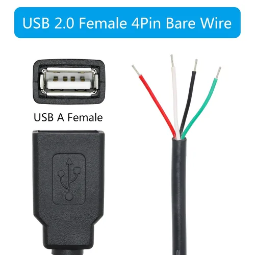 Vista 3 de Cable corto USB A hembra de 4 pines de 11 pulgadas, USB 5V/2A 4 pines Pigtail Cable de alimentación y datos de extremo abierto, para equipo USB