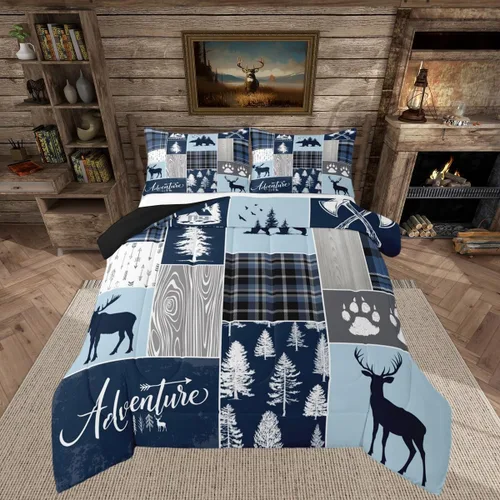 Vista 35 de Juego de edredón de cabaña rústica navideña, juego de ropa de cama estilo rústico con diseño de osos y ciervos, tamaño completo, patchwork Multi 08