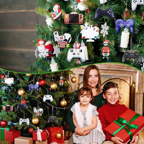 Vista 7 de Kathfly 27 piezas de adornos de videojuegos navideños para árbol de Navidad, controlador de sistema de madera, etiqueta colgante para fiesta
