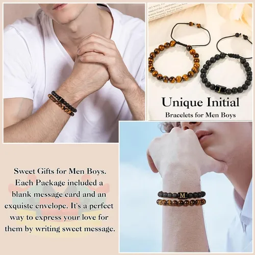 Vista 3 de MONOZO Regalos para el día del padre regalos para hombres y niños, 0.315 in, ojo de tigre y ágata negra, pulsera inicial con cuentas de piedra