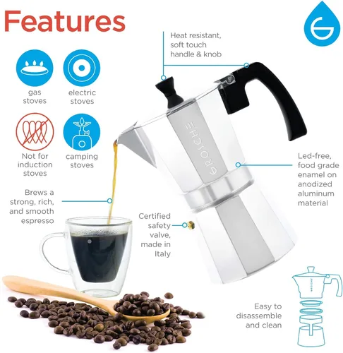 Vista 3 de GROSCHE Milano - Cafetera de café expreso para estufa, 6 tazas de expreso, 9.3 onzas, plata y 3 sellos de repuesto, paquete de juntas, cafetera