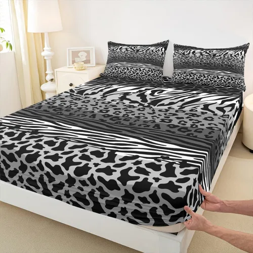 Vista 36 de Sábana bajera ajustable con estampado de leopardo, tamaño individual, juego de ropa de cama rústica con rayas de piel de cebra, decoración