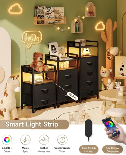Vista 4 de Lazzanto Mesita de noche para dormitorio, mesita de noche con estación de carga y tira de luz LED, mesita de noche con estante de almacenamiento y 2