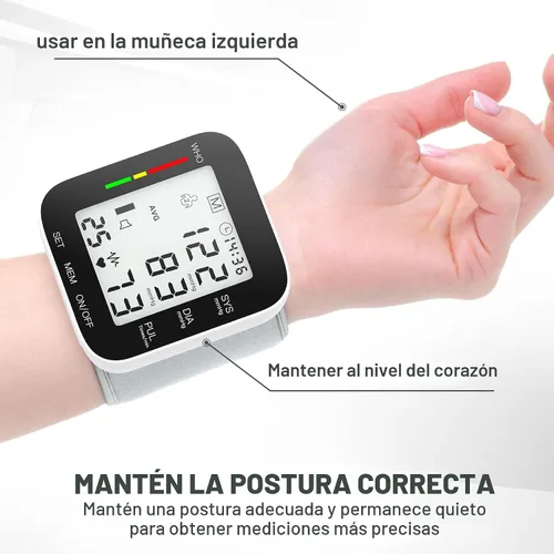Vista 6 de Monitor de presión arterial de muñeca automático, pantalla LCD grande, brazalete de muñeca ajustable, memoria de lectura automática dual 99, máquina