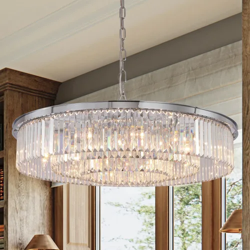 Vista 10 de Candelabro grande de cristal moderno de lujo, lámpara de techo colgante de oro antiguo para comedor, sala de estar, 12 luces, 3 niveles