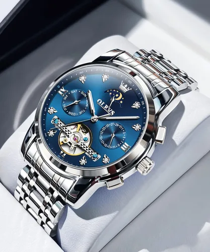 Vista 6 de OLEVS Relojes automáticos de cuerda automática para hombre, vestido de lujo, de acero inoxidable, de acero inoxidable, reloj de pulsera mecánico