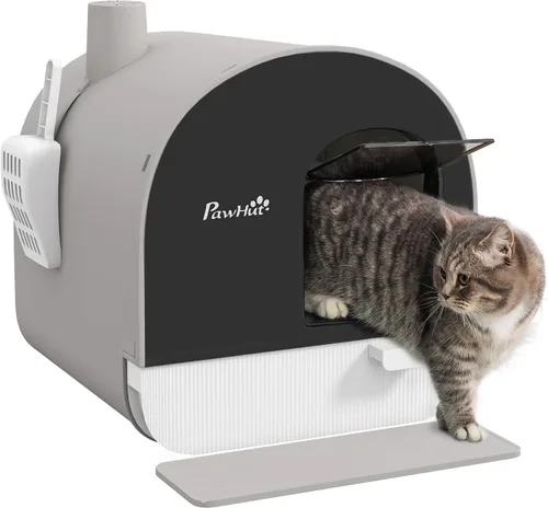Vista 10 de PawHut Caja de arena para gatos con tapa, caja de arena cubierta para gatos de interior con bandeja, pala, alfombra, filtro, 17" x 17" x 18.5", rosa