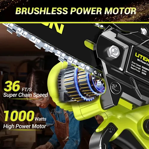 Vista 3 de Mini motosierra inalámbrica con batería de 2000 mAh y cargador rápido y 2 cadenas, la mejor motosierra eléctrica de 6 pulgadas con sistema de aceite