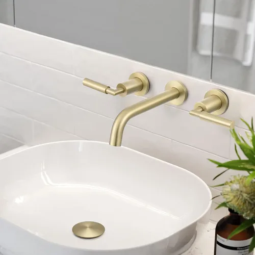 Vista 2 de RBROHANT RB0736D - Grifo de montaje en pared dorado con drenaje desplegable para fregadero sin desbordamiento, grifo de fregadero de baño de doble