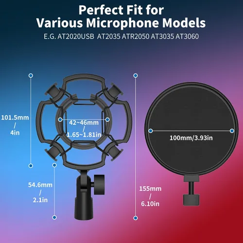 Vista 6 de Soporte de choque de micrófono con filtro pop, soporte universal para micrófono antivibración para micrófono de condensador de estudio de 42 ~ 1.811