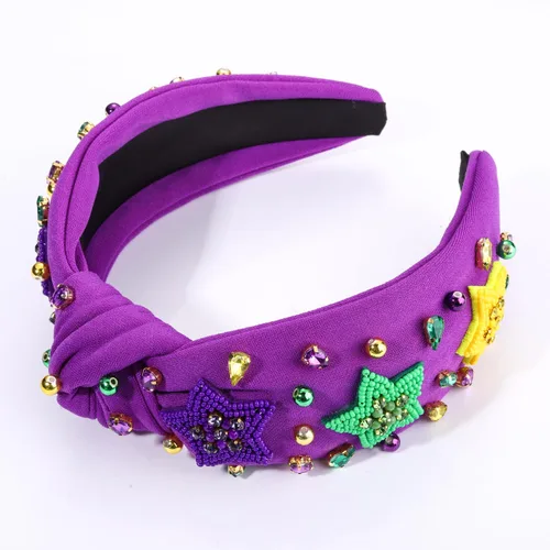 Vista 2 de MOLOCH Diadema de Mardi Gras para mujer, con cuentas moradas, amarillas, verdes, estrellas, diadema anudada, carnaval, joyería de cristal, nudo