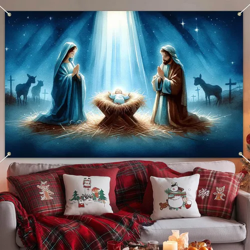 Vista 4 de BlissYard Fondo de Escena de la Natividad 71x43 Pulgadas Pancarta de la Escena del Pesebre de la Noche Santa Telón de Fondo Religioso Cristiano