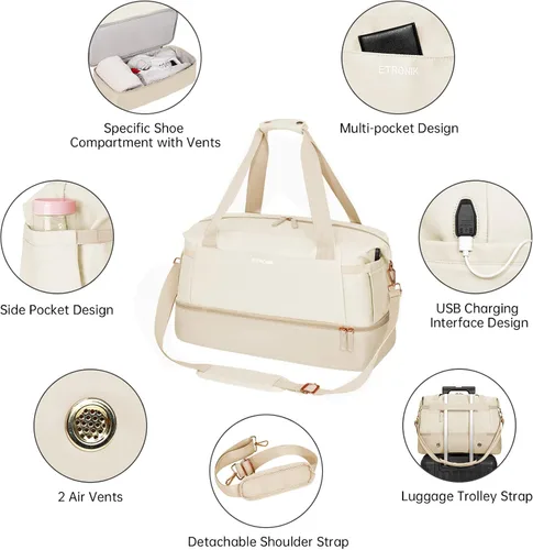 Vista 4 de Bolsa de lona de gimnasio para mujer, Caqui, Bolsa de viaje para gimnasio