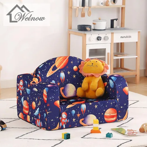 Vista 2 de Welnow Sofá infantil 2 en 1, silla convertible para niños, sofá abatible para niños con reposabrazos ondulados, sofá plegable para juegos para niños