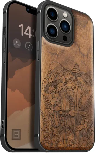 Vista 9 de Carveit Funda magnética de madera para iPhone 13 Pro [madera natural y TPU suave negro] Funda protectora de madera única y elegante a prueba