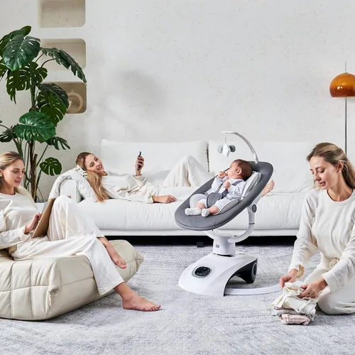 Vista 7 de VaVaSoo Mamroo - Columpio eléctrico automático para bebés con control remoto, 5 velocidades, 13 melodías, gris claro (Gary)