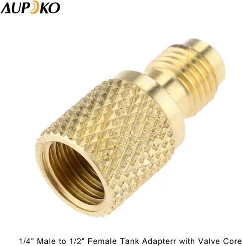 Vista 2 de Adaptador de ajuste de latón R134A, 1/4" macho a 1/2" hembra para tanque de refrigerante con núcleo de válvula, se adapta al sistema de refrigerante