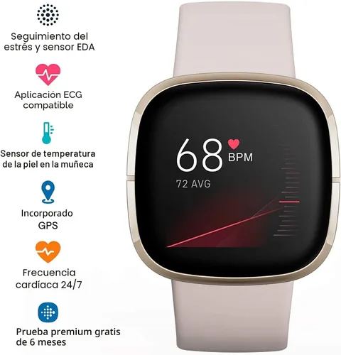 Vista 2 de Fitbit Sense Health & Fitness - Reloj inteligente con GPS, llamadas y mensajes de texto Bluetooth, frecuencia cardíaca SpO2, ECG, temperatura