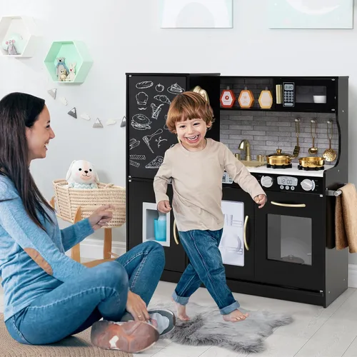 Vista 9 de Costzon Juego de cocina para niños, juego de juguetes de cocina de madera con sonido real, pizarra grande, teléfono, microondas, máquina de hielo
