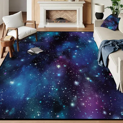 Vista 23 de Alfombra galaxia de 2 x 3 pies para habitación de niños, alfombra de cielo estrellado de pelo bajo, antideslizante, lavable, alfombra nebulosa