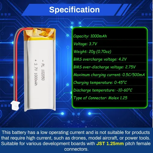 Vista 3 de Batería de polímero de litio 3.7V 1000mAh 102050 Lipo Batería recargable con cable Molex 0.049 in Conector para altavoz, rastreador GPS, dispositivo