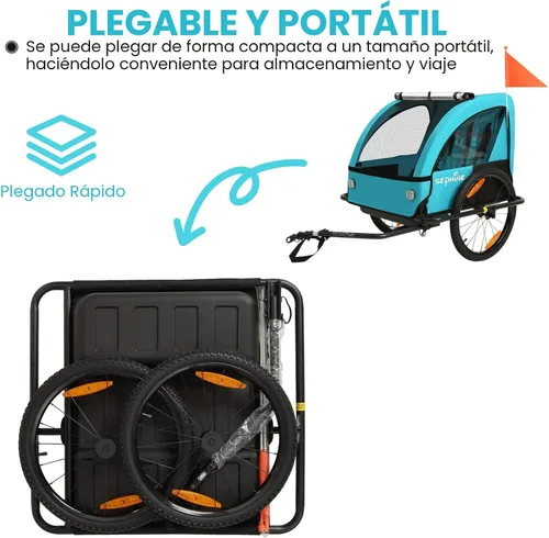 Vista 4 de Remolque de bicicleta para niños, adecuado para 1 a 2 niños, doble asiento, acoplador universal, plegable, toldo con pantalla contra insectos