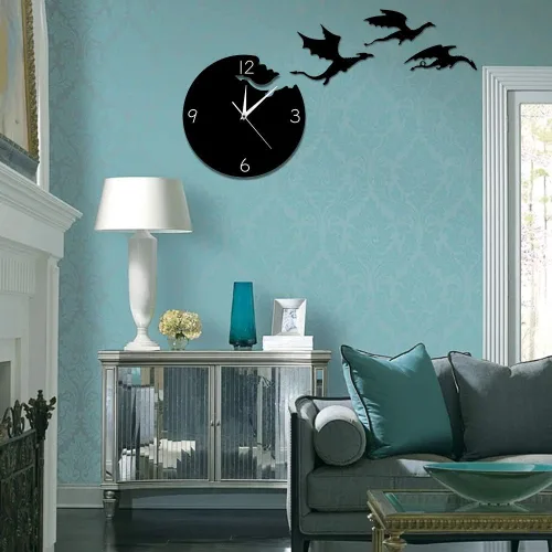 Vista 8 de The Geeky Days Reloj de pared de dragón de fantasía enojado mágico volador abstracto gótico cuento de hadas dragón arte de pared cuarzo analógico