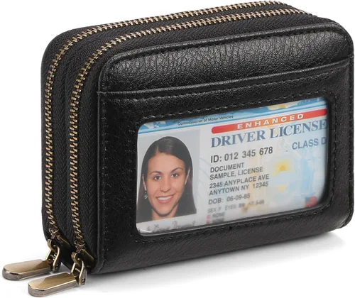 Vista 6 de SENDEFN Tarjetero de cuero para tarjetas de crédito, cartera pequeña para mujer, bloqueo RFID, doble cremallera con ventana de identificación