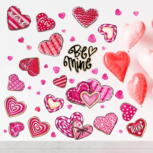 Vista 4 de Yovkky Calcomanías de pared de corazón para el día de San Valentín, diseño de corazones rosados y rojos, diseño de lunares, decoración