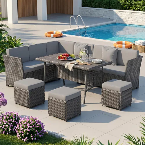 Vista 13 de Juego de muebles de patio, 7 piezas, juego de comedor al aire libre, juego de conversación de ratán para todo tipo de clima, sofá modular de comedor