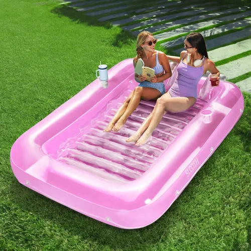Vista 23 de SLOOSH Flotador inflable, camastro para adultos, con almohada, 178 x 117 cm, 4 en 1: balsa-tina bronceadora, camastro para tomar el sol, fiestas Azul
