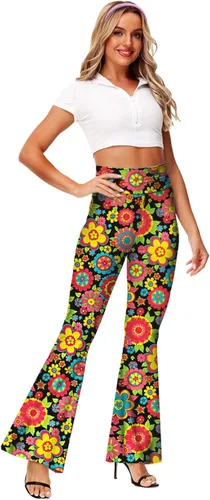Vista 4 de Deerose Pantalones de Cintura Alta Elásticos Ajustados Acampanados Estilo Hippie para Mujer