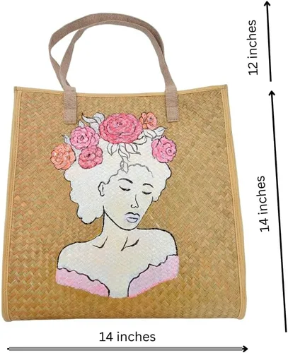Vista 7 de Women's Handknitting Sea Grass Tote BagGirl Flower head Summer Tote BagHand Painted Acrylic color on seagrass Handcrafted Bag