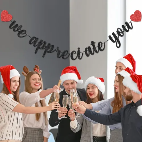 Vista 4 de Cartel con texto en inglés "We Appreciate You" con purpurina negra de agradecimiento a los empleados, maestros, doctores, enfermeras, personal