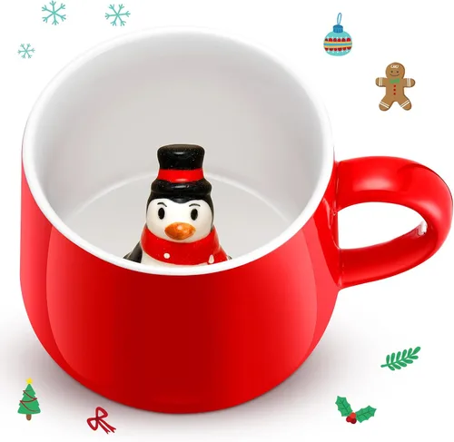 Vista 8 de Sliner Divertidas tazas de Navidad en 3D con animal en el interior, 13.5 onzas, hechas a mano, taza de café de cerámica, bonita figura de dibujos