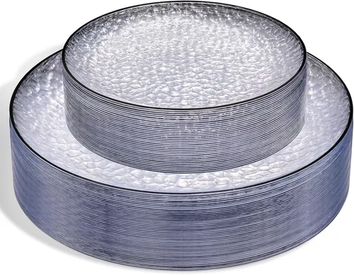 Vista 13 de Rubtlamp 60 platos de plástico, platos desechables de color marrón transparente, platos de plástico martillados resistentes, platos desechables