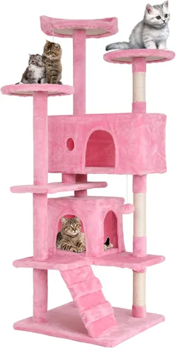 Vista 9 de 24/7 Shop at Home Court - Torre de árbol para gatos de varios niveles de 54 pulgadas con bola colgante y postes rascadores para gatos