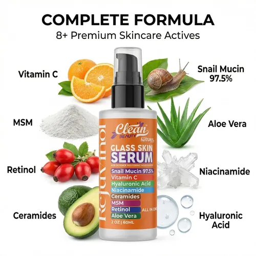 Vista 4 de Clean Beauty Suero de mucina de caracol con vitamina C, suero facial antienvejecimiento con ácido hialurónico, niacinamida, retinol, MSM, aloe vera