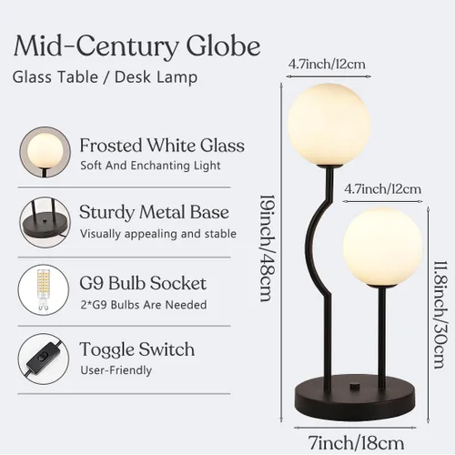 Vista 3 de Lámpara de mesa de globo negro de mediados de siglo industrial retro con 2 luces orbiculares de escritorio con globo de vidrio blanco para mesita