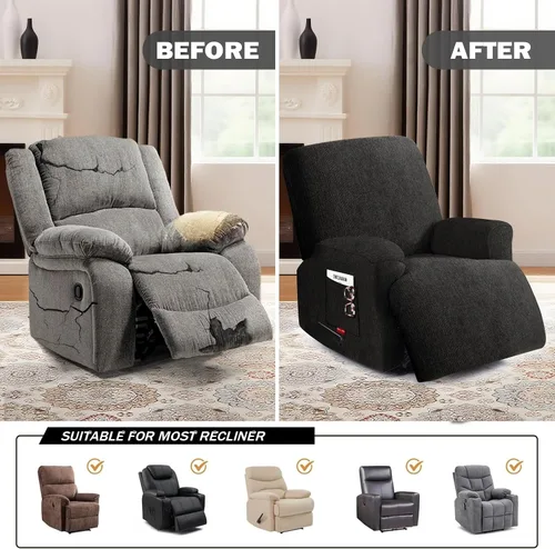 Vista 4 de 3 fundas elásticas para sillas reclinables, fundas de tela de felpa y protectores duraderos de muebles para niños y mascotas (1 plaza, negro)