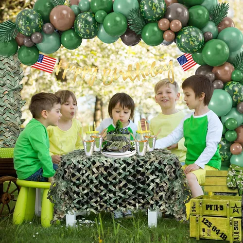 Vista 6 de Decoraciones de fiesta de cumpleaños del ejército 133, suministros de fiesta de camuflaje militar, kit de guirnalda de arco de globos, telón