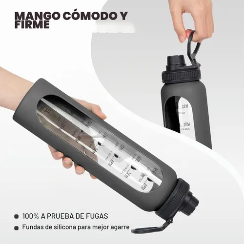 Vista 5 de Botella de agua de vidrio de 32 onzas con marcador de tiempo, tapa de boquilla con asa de 2 tapas y tapa de popote de bambú, botella de agua Negro