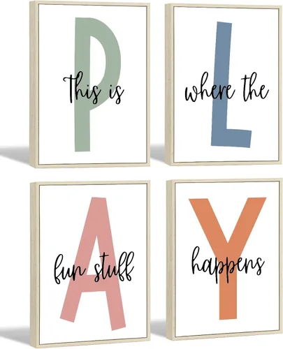 Vista 11 de Arte de pared para sala de juegos para niños, decoración de pared para habitación de niños, impresión en lienzo para sala de juegos para bebés