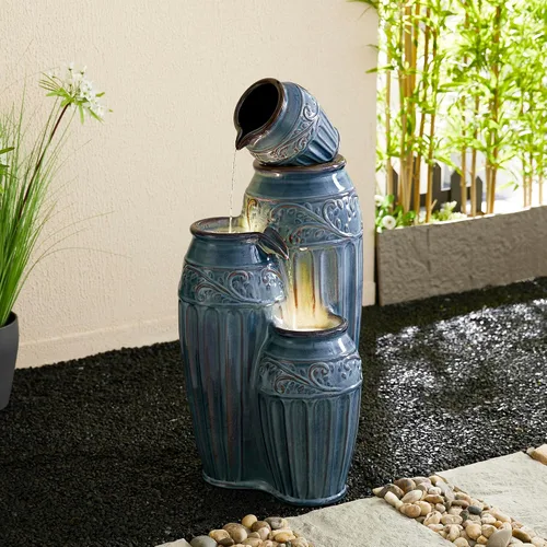 Vista 9 de Glitzhome - Fuente de jardín de 27.25" de alto con luces LED y bomba, fuente de agua para exteriores de 4 niveles con patrón en relieve azul Azul