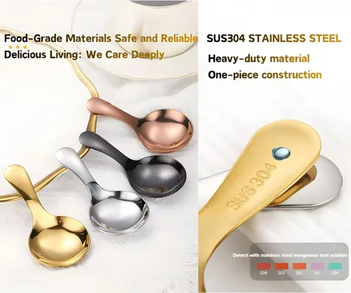 Vista 5 de 5 cucharas de mango corto, mini cucharas de acero inoxidable, cuchara redonda gruesa para condimentos de sal, postre, té, café (negro)